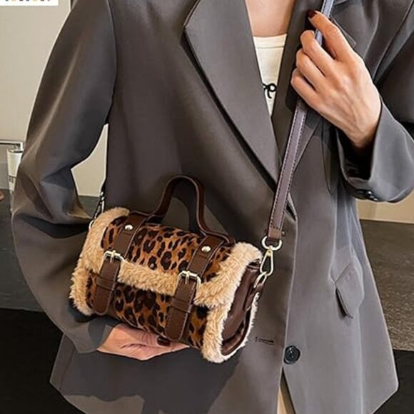 Neiman Marcus Leopard Brown Shearling Leather Handbag - Picture 2 of 4